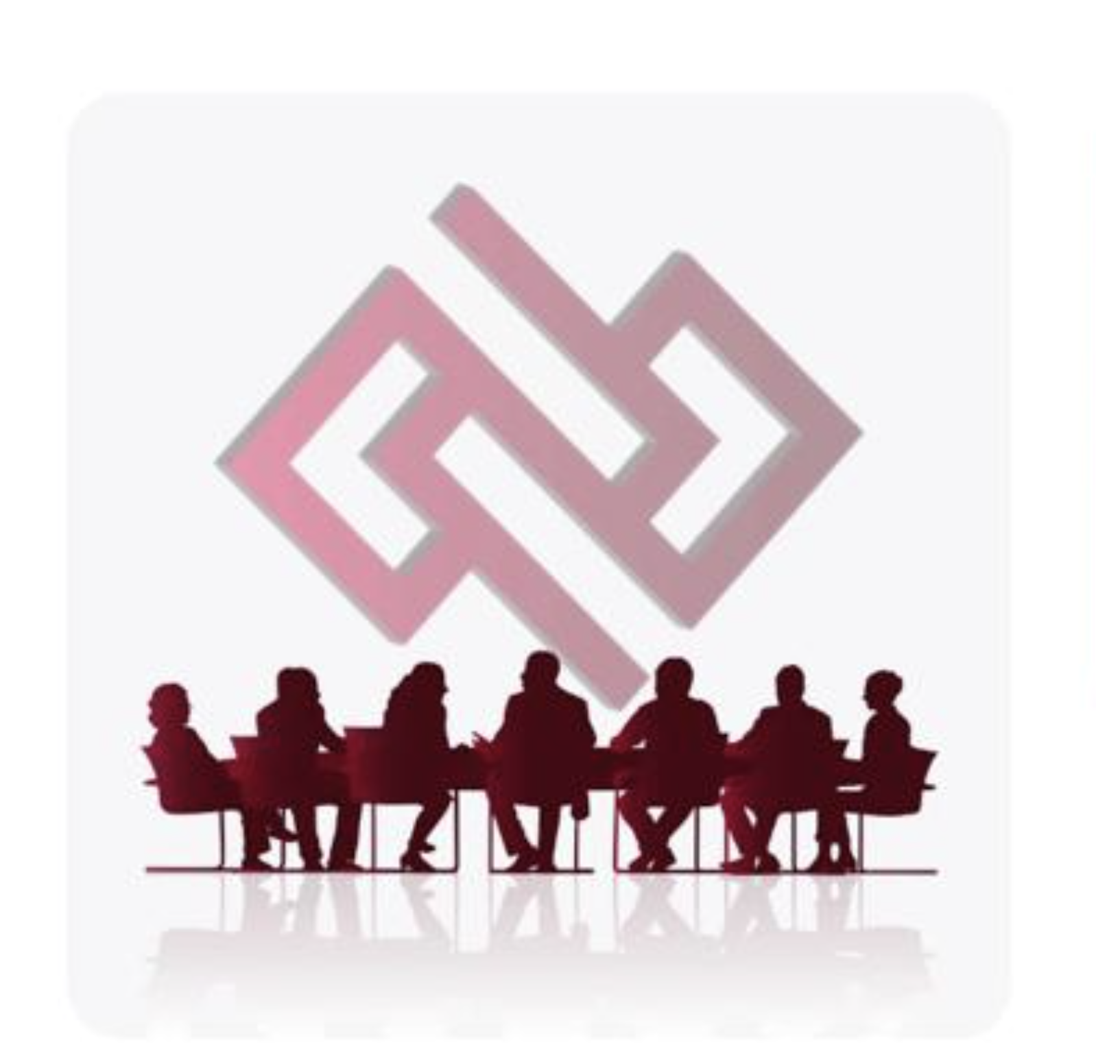 Team meeting silhouette and abstract interlocking logo representing our vision 